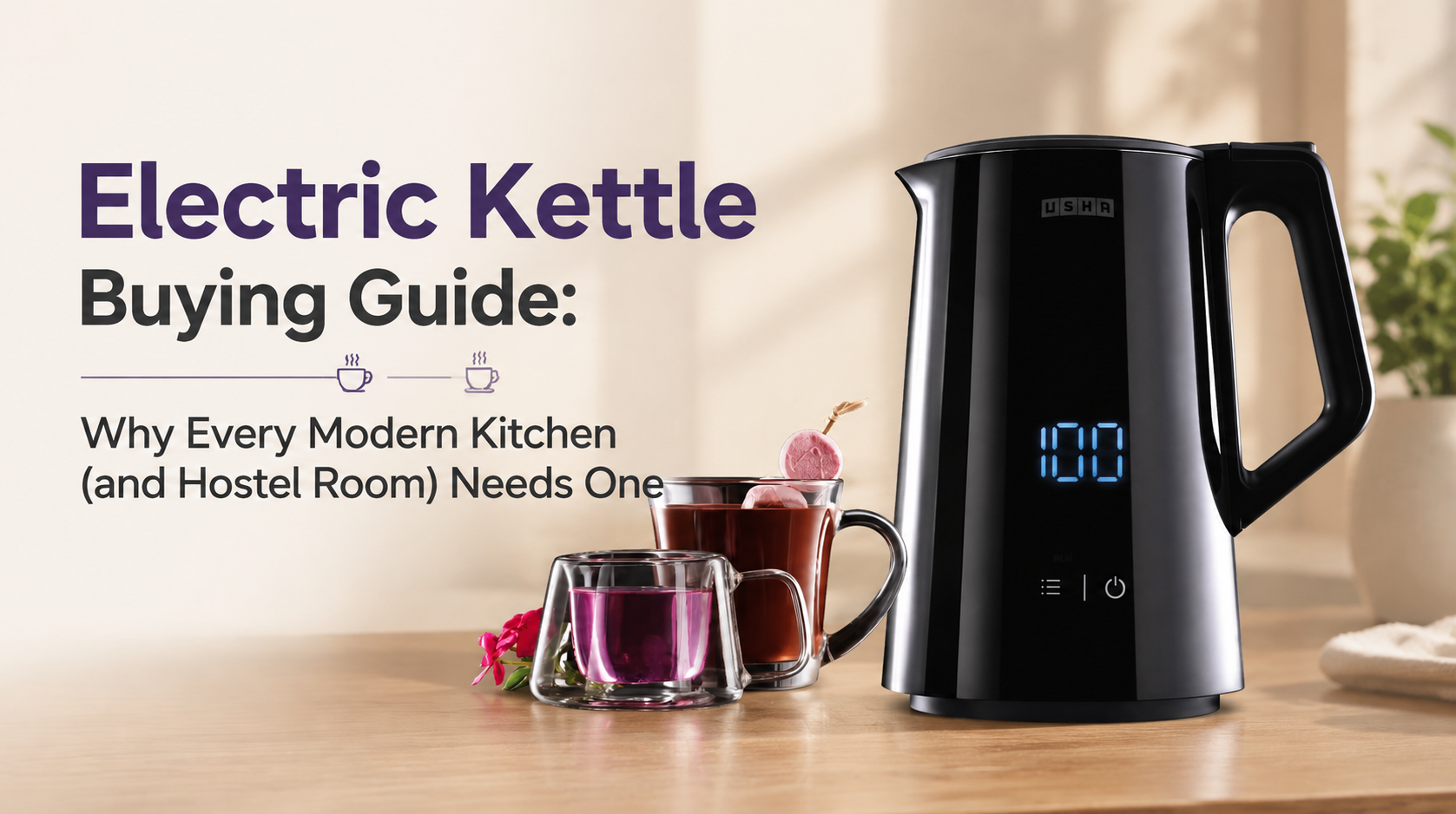 Stainless-steel electric kettle standing on a kitchen countertop