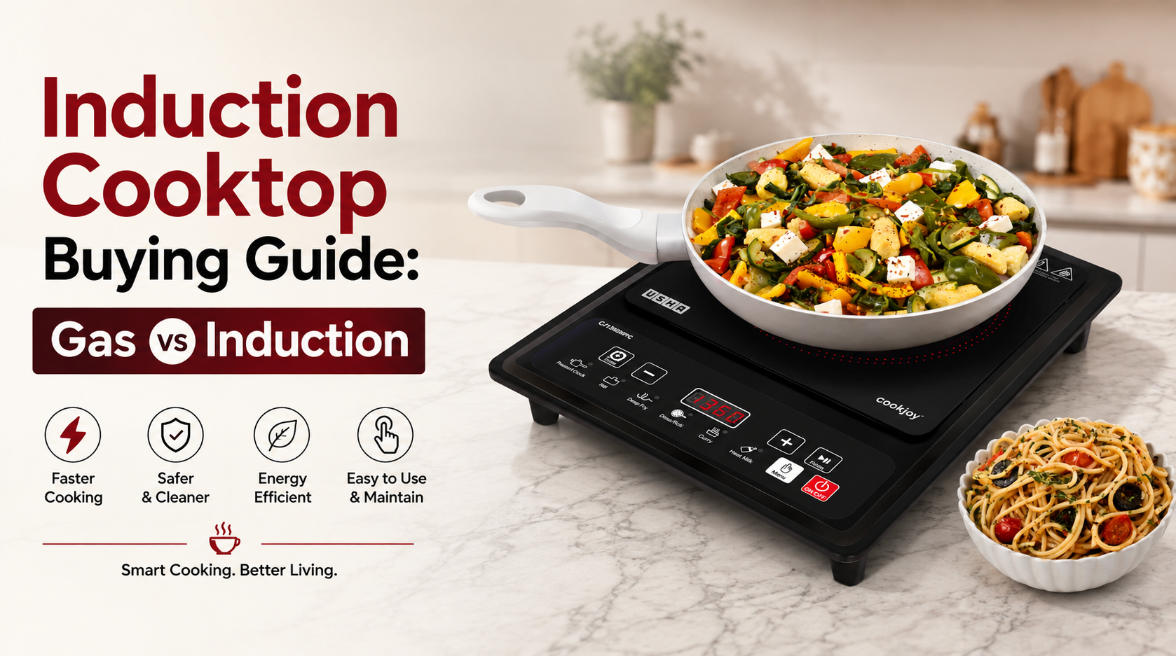 Usha Cookjoy CJ1360WPC induction cooktop with a pan of sautéed vegetables and a bowl of pasta