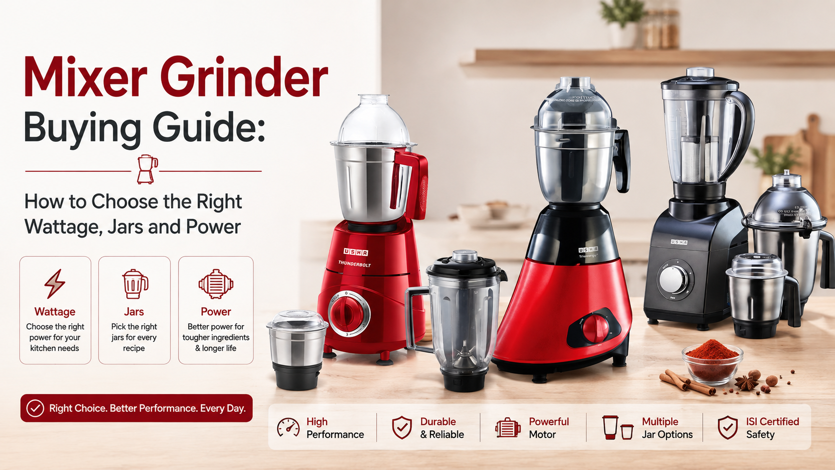 Usha Trienergy+ mixer grinder with steel jars, a smoothie, fresh juice and Indian snacks