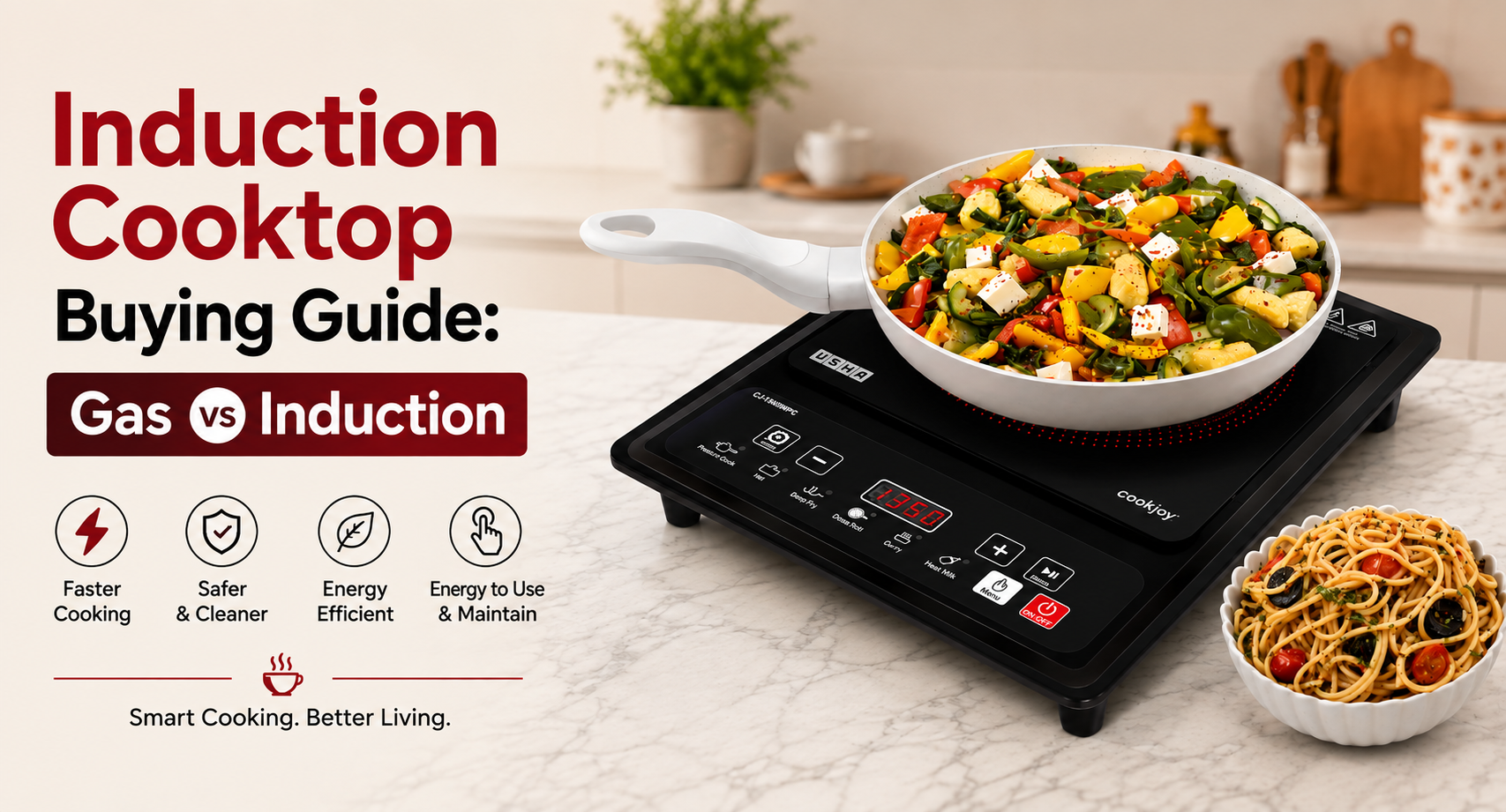 Usha Cookjoy CJ1360WPC induction cooktop with a pan of sautéed vegetables and a bowl of pasta