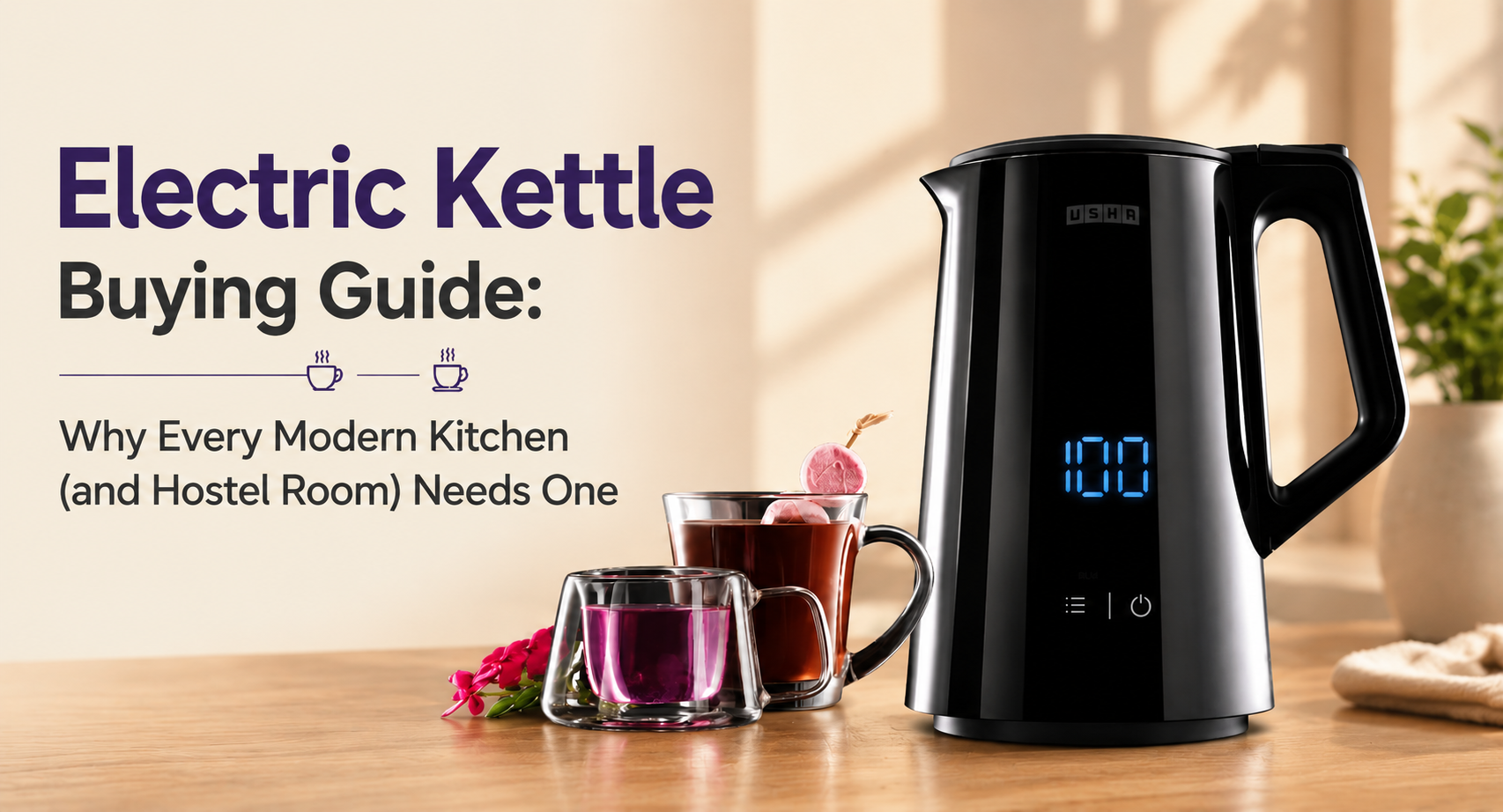 Stainless-steel electric kettle standing on a kitchen countertop