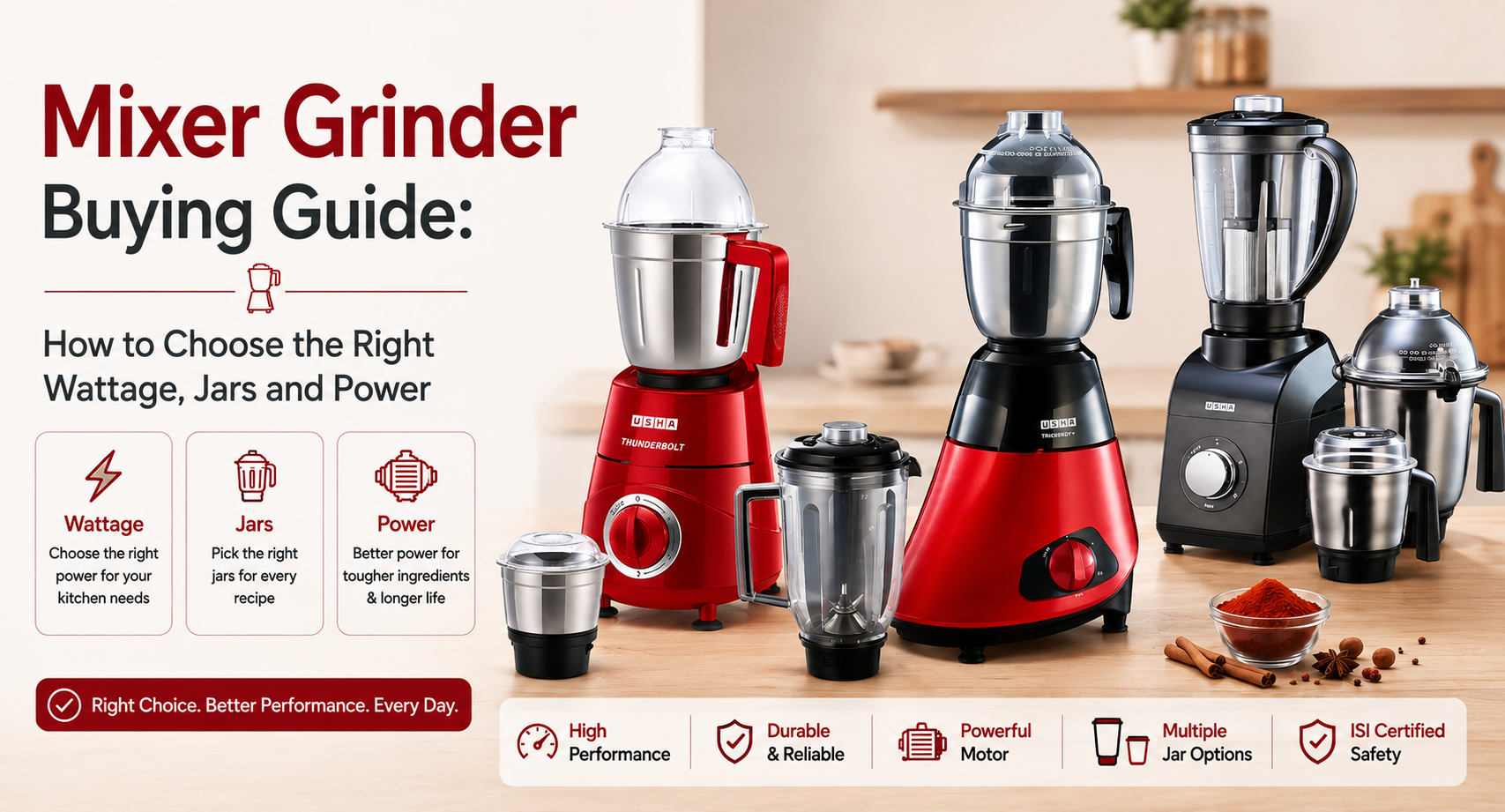 Usha Trienergy+ mixer grinder with steel jars, a smoothie, fresh juice and Indian snacks