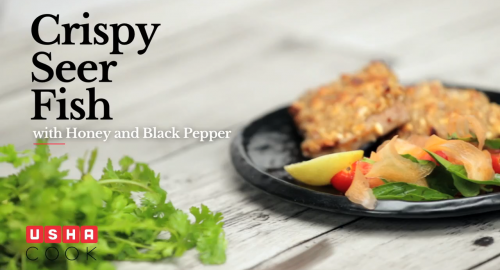 Crispy Seer Fish With Honey And Black Pepper recipe video | Usha Cook